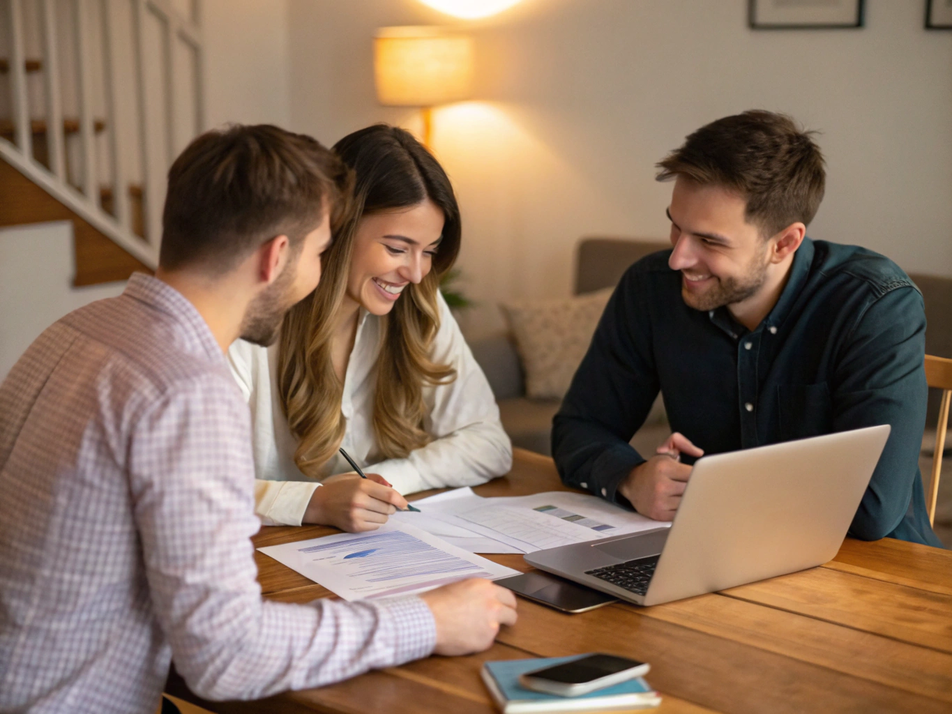 Happy couple discussing mortgage refinancing with a financial advisor